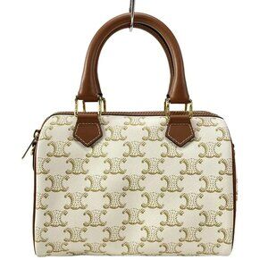 CELINE Small Boston/Trionf Canvas Cream Beige Brown Calf Skin